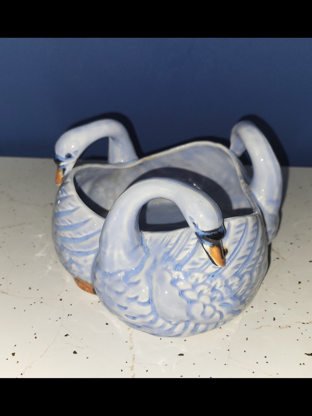 Blue Ceramic Swan Decorative Bowl Ceramic Home Art Vintage Japan Planter